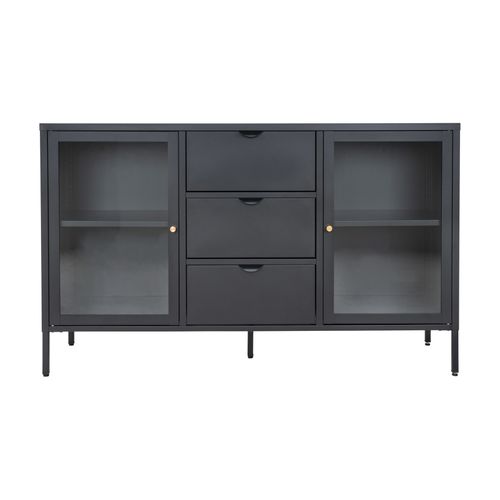 City-buffet 2 Portes Vitrées, 3 Tiroirs En Métal Noir 140x85 Cm
