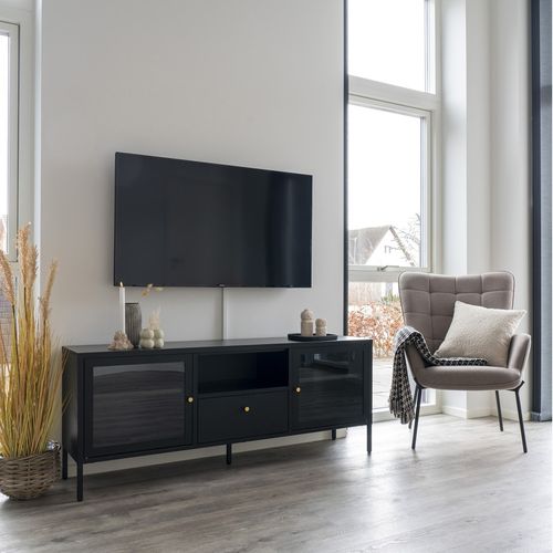 City- Banc TV 2 Portes Vitrées, 1 Tiroir En Métal Noir 150x60 Cm