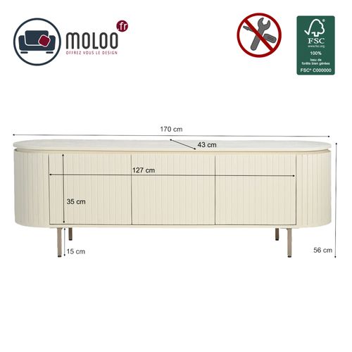 Cream-meuble TV 170 Cm En Bois Massif Ivoire