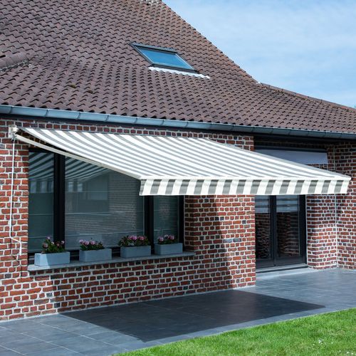 Store Banne Saule 2,5 × 2m - Toile Rayée Blanche/grise Et Structure Blanche