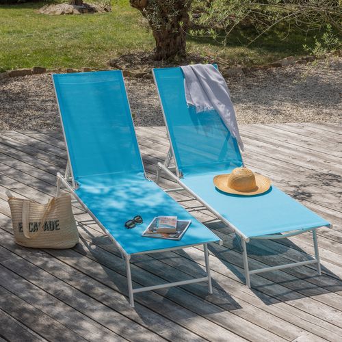 Lot De 2 Bains De Soleil Pliants Sicilia En Textilène Bleu - Structure Blanche