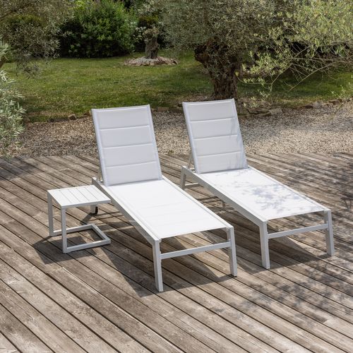 Set 2 Transats Et Table D'appoint Barbados Textilène Et Aluminium Blanc