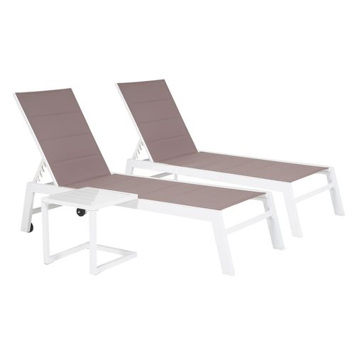 Set 2 Transats Et Table D'appoint Barbados Textilène Taupe - Aluminium Blanc