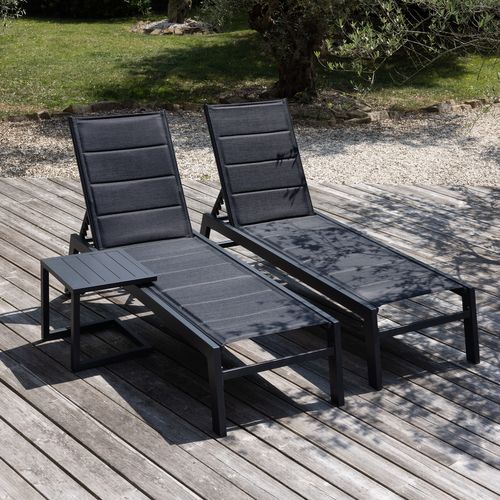Set 2 Transats Et Table D'appoint Barbados Textilène Noir - Aluminium Gris