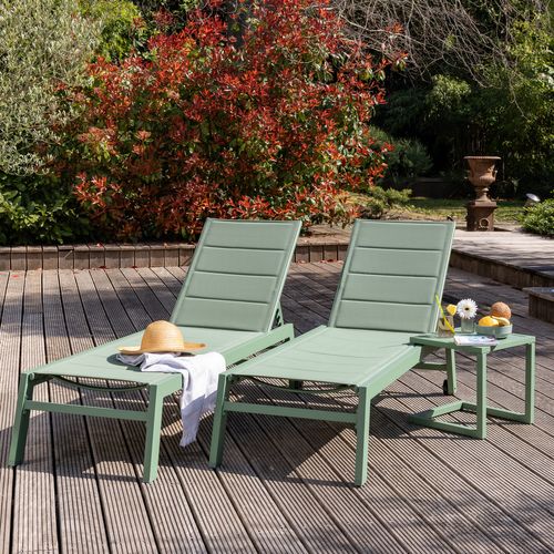 Set 2 Transats Et Table D'appoint Barbados Textilène Et Aluminium Vert Sauge