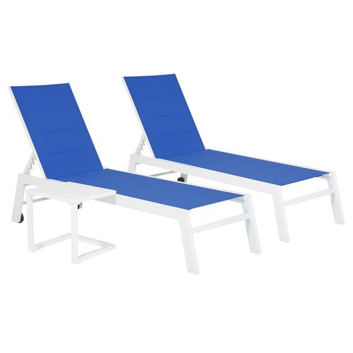 Set 2 Transats Et Table D'appoint Barbados Textilène Bleu - Aluminium Blanc