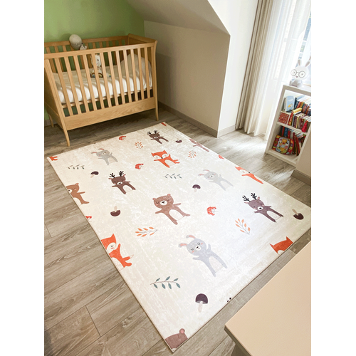 Tapis Chambre Enfant Motif Animaux - 120x160 Cm - Happy - Crème