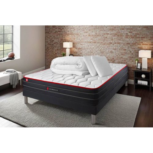 Ensemble 160x200 Matelas Boost Ressorts Ensachés Et Mémoire De Forme + Sommier Kit Noir + Couette +
