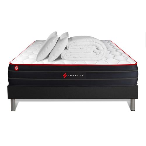 Ensemble 160x200 Matelas Boost Ressorts Ensachés Et Mémoire De Forme + Sommier Kit Noir + Couette +