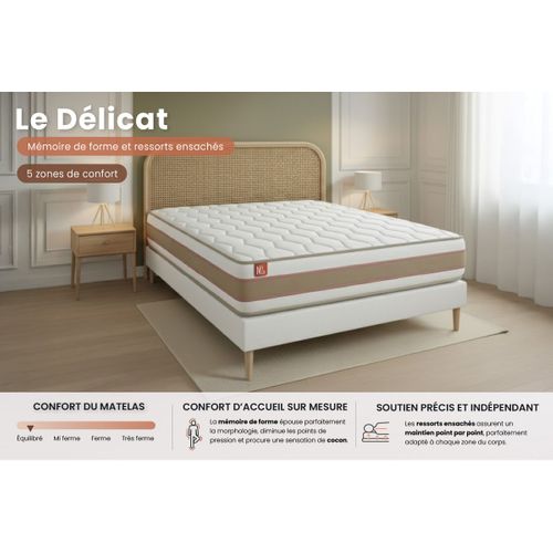Ensemble Matelas Ressorts Ensachés Et Mémoire De Forme 140x190 Le Délicat Ep:26cm - Sommier Blanc