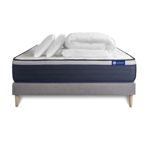 Ensemble  Matelas Ressorts Ensachés+mémoire De Forme Actiflex Max 140x190cm + Sommier Kit Gris + 2or