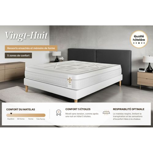 Ensemble Matelas Ressorts Ensachés Et Mémoire De Forme 140x200 Vingt-huit Ep:28cm - Sommier Blanc