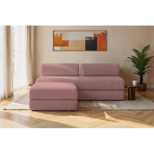 Canapé D'angle Convertible 4 Places - Velours Côtelé XL - Rose