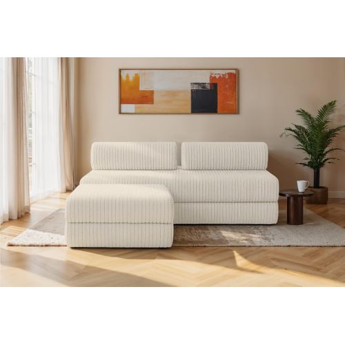 Canapé D'angle Convertible 4 Places - Velours Côtelé XL - Blanc