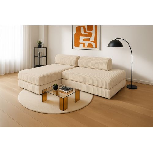 Canapé D'angle Convertible 5 Places - Velours Côtelé XL - Beige