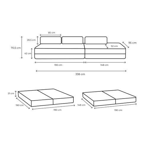 Canapé Droit Convertible 5 Places - Tissu Lisse - Gris Clair