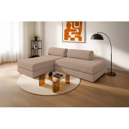 Canapé D'angle Convertible 5 Places - Velours Côtelé - Taupe