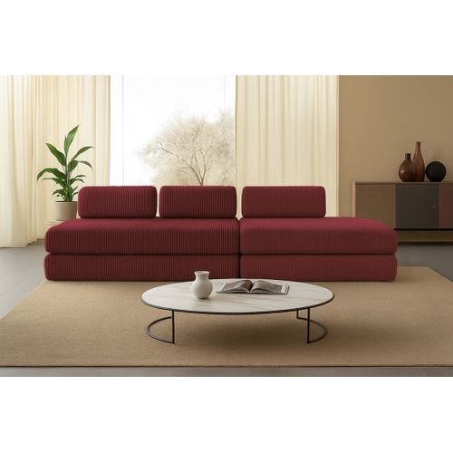 Canapé Droit Convertible 5 Places - Velours Côtelé - Rouge