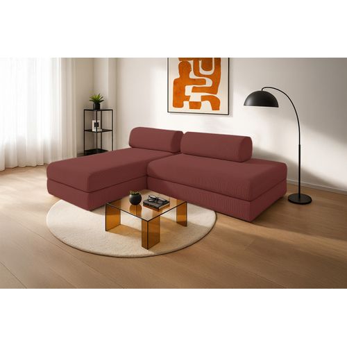 Canapé D'angle Convertible 5 Places - Velours Côtelé - Rouge