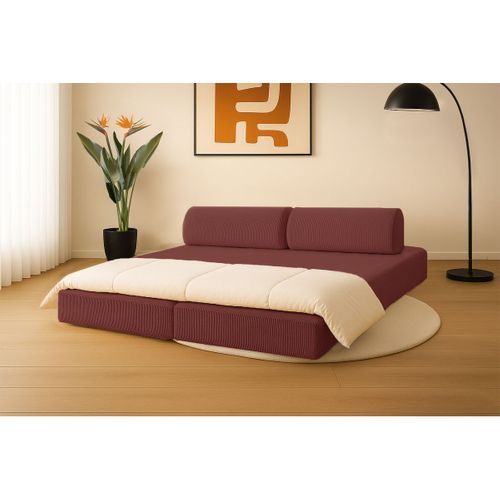 Canapé Droit Convertible 3,5 Places - Velours Côtelé - Rouge