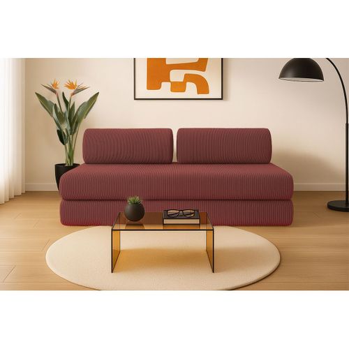 Canapé Droit Convertible 3,5 Places - Velours Côtelé - Rouge