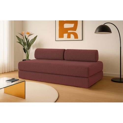 Canapé Droit Convertible 3,5 Places - Velours Côtelé - Rouge