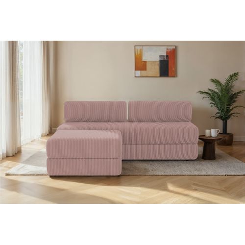 Canapé D'angle Convertible 4 Places - Velours Côtelé - Rose Pâle