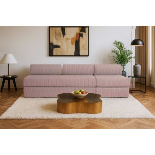 Canapé Droit Convertible 4 Places - Velours Côtelé - Rose Pâle