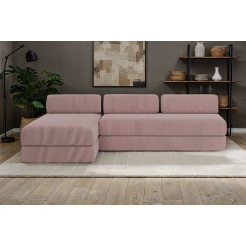 Canapé D'angle Convertible 6,5 Places - Velours Côtelé - Rose Pâle