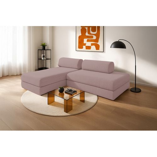 Canapé D'angle Convertible 5 Places - Velours Côtelé - Rose Pâle