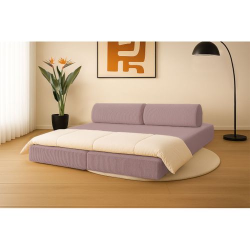 Canapé Droit Convertible 3,5 Places - Velours Côtelé - Rose Pâle