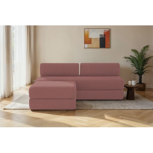 Canapé D'angle Convertible 4 Places - Velours Côtelé - Rose