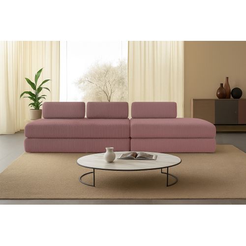 Canapé Droit Convertible 5 Places - Velours Côtelé - Rose