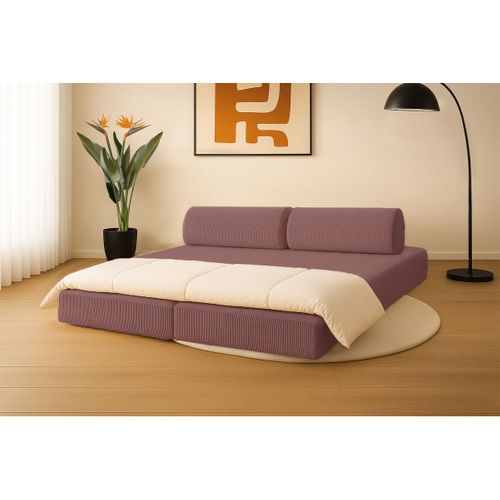 Canapé Droit Convertible 3,5 Places - Velours Côtelé - Rose