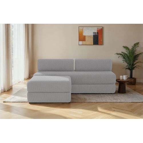 Canapé D'angle Convertible 4 Places - Velours Côtelé - Gris Clair