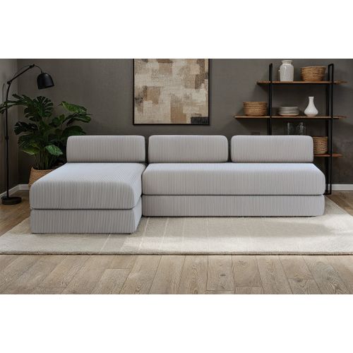 Canapé D'angle Convertible 6,5 Places - Velours Côtelé - Gris Clair