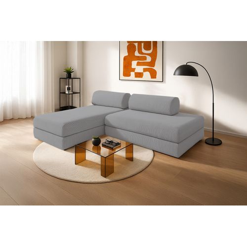 Canapé D'angle Convertible 5 Places - Velours Côtelé - Gris Clair