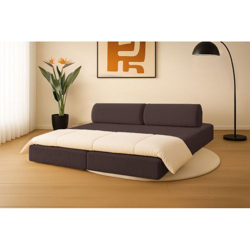 Canapé Droit Convertible 3,5 Places - Velours Côtelé - Marron