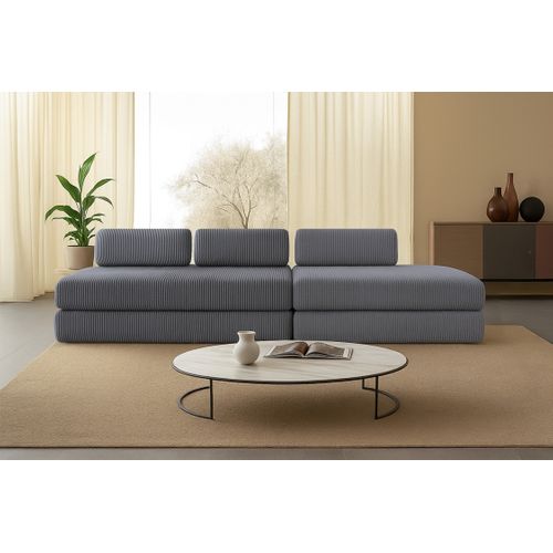 Canapé Droit Convertible 5 Places - Velours Côtelé - Gris