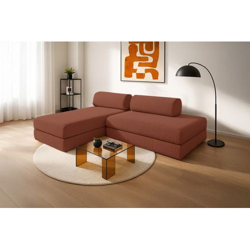 Canapé D'angle Convertible 5 Places - Velours Côtelé - Terracotta