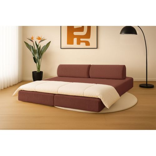 Canapé Droit Convertible 3,5 Places - Velours Côtelé - Terracotta