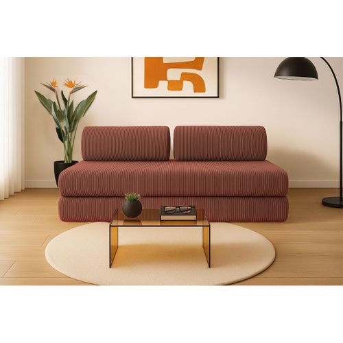 Canapé Droit Convertible 3,5 Places - Velours Côtelé - Terracotta
