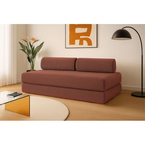 Canapé Droit Convertible 3,5 Places - Velours Côtelé - Terracotta