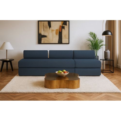 Canapé Droit Convertible 4 Places - Velours Côtelé - Bleu
