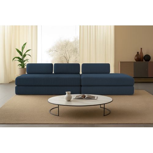 Canapé Droit Convertible 5 Places - Velours Côtelé - Bleu