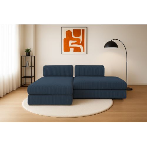 Canapé D'angle Convertible 5 Places - Velours Côtelé - Bleu