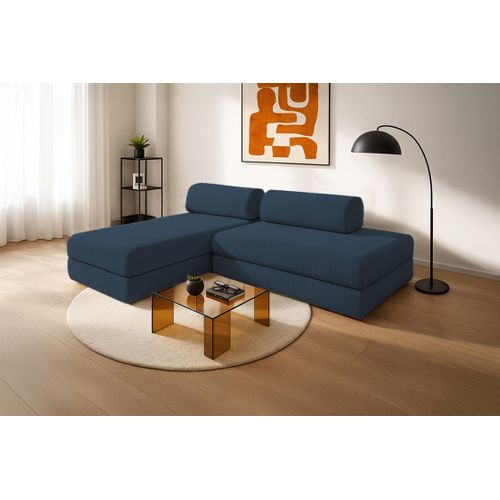 Canapé D'angle Convertible 5 Places - Velours Côtelé - Bleu