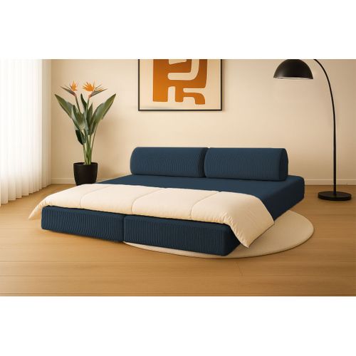 Canapé Droit Convertible 3,5 Places - Velours Côtelé - Bleu