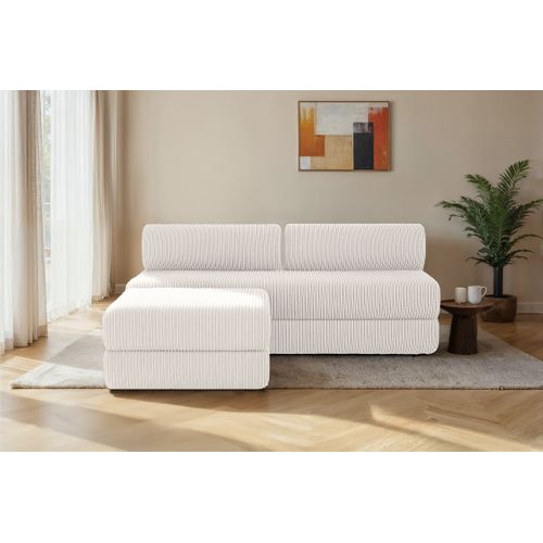 Canapé D'angle Convertible 4 Places - Velours Côtelé - Blanc