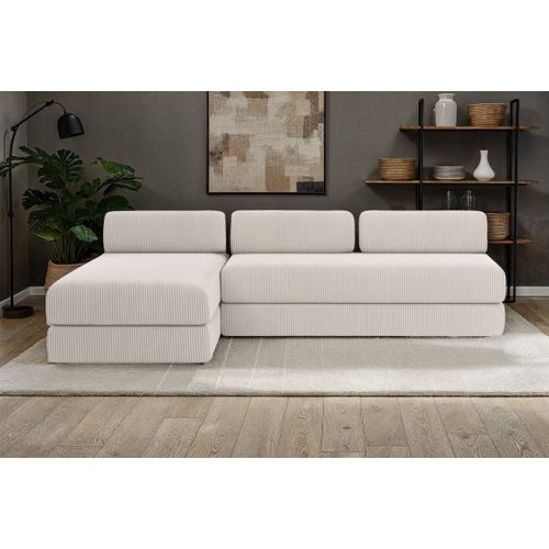 Canapé D'angle Convertible 6,5 Places - Velours Côtelé - Blanc